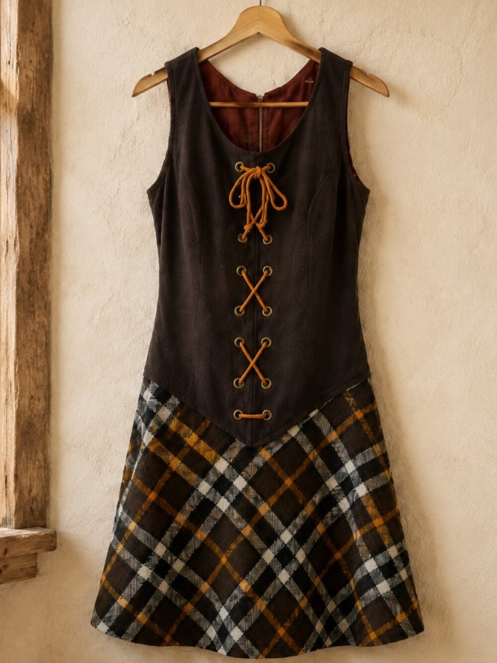 One Owner Vintage 60s 70s Brown Plaid Lace Up Mod Mini Dress S